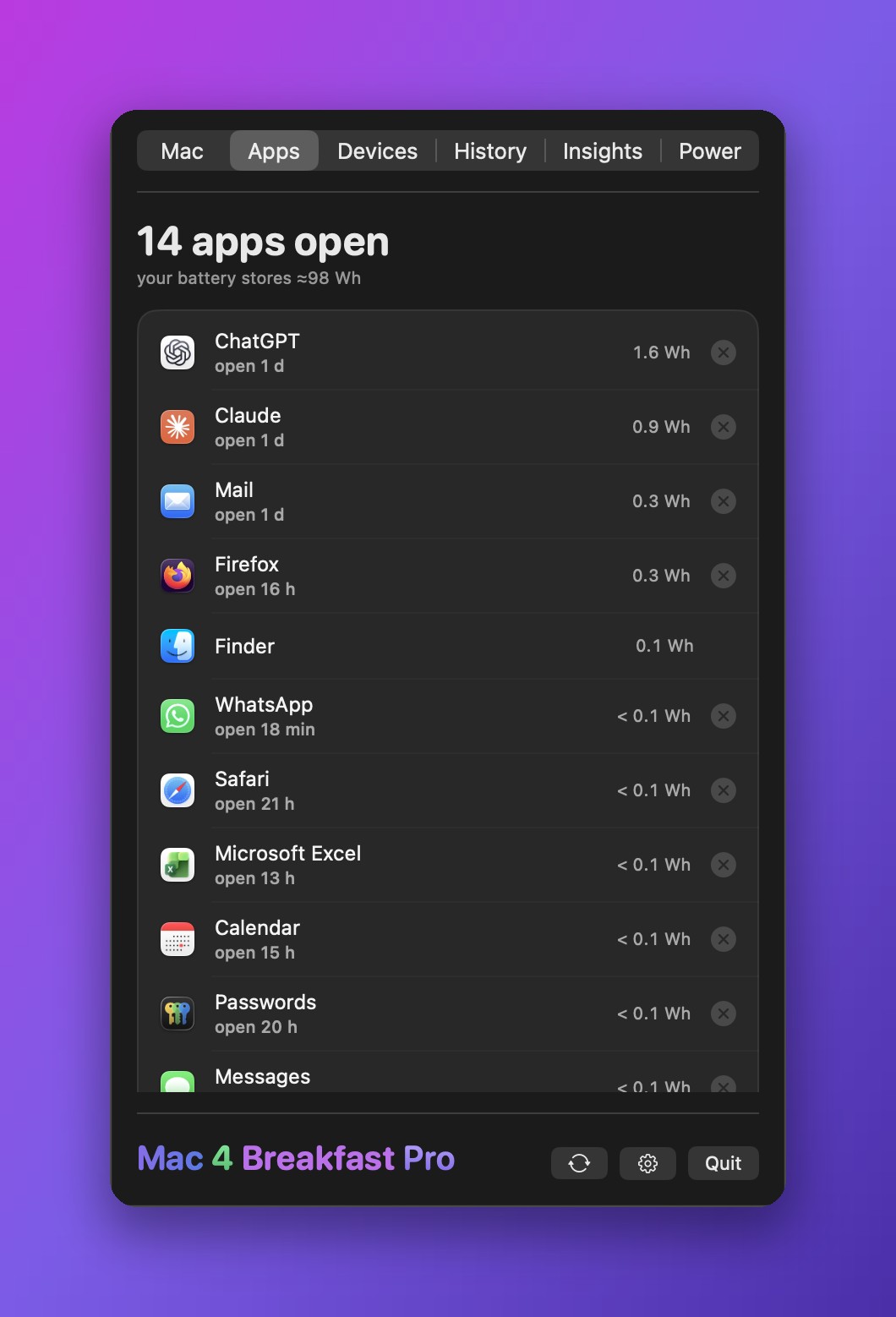 The Apps tab: every open app with its energy cost since launch