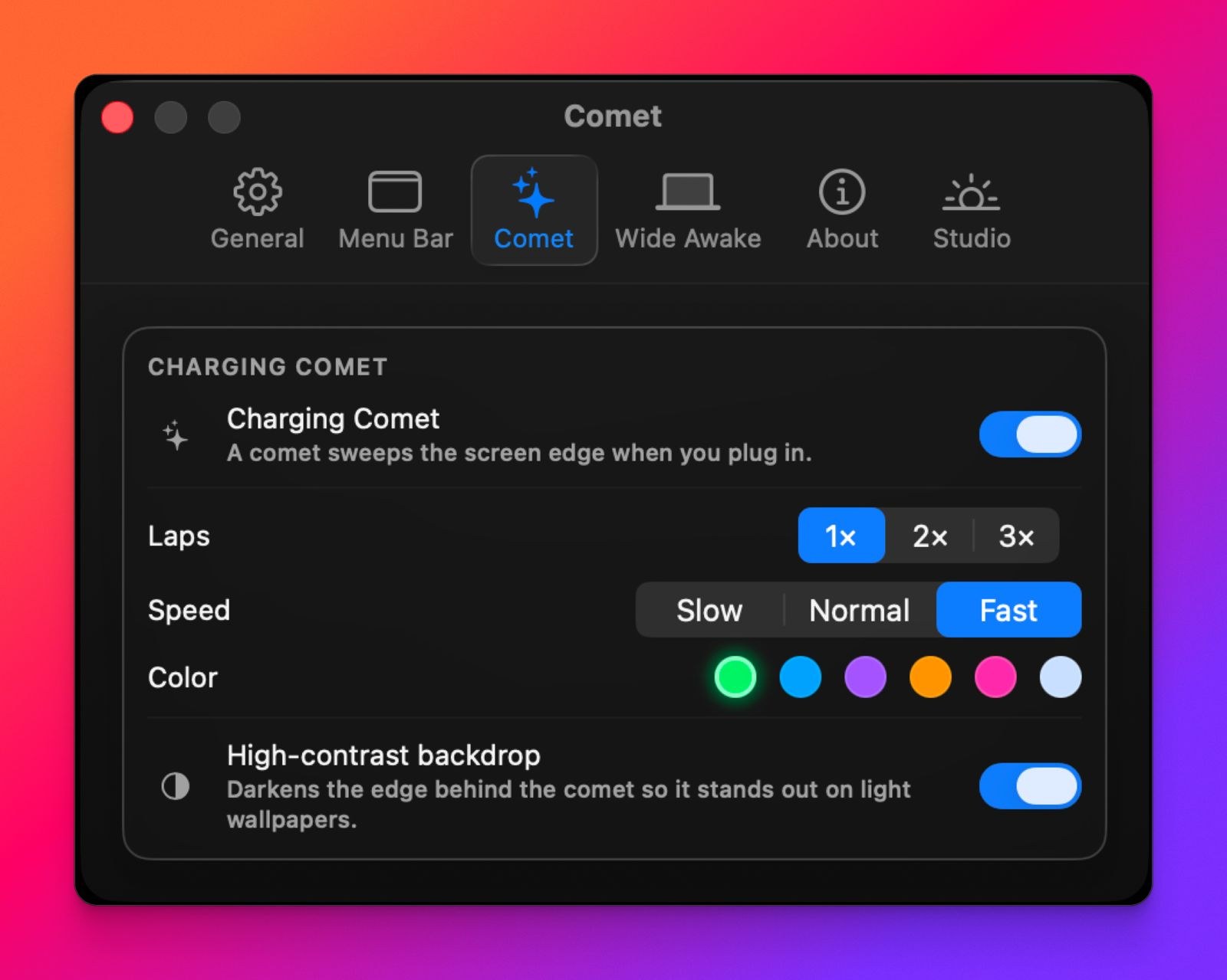 Comet settings: laps, speed and color of the charging celebration