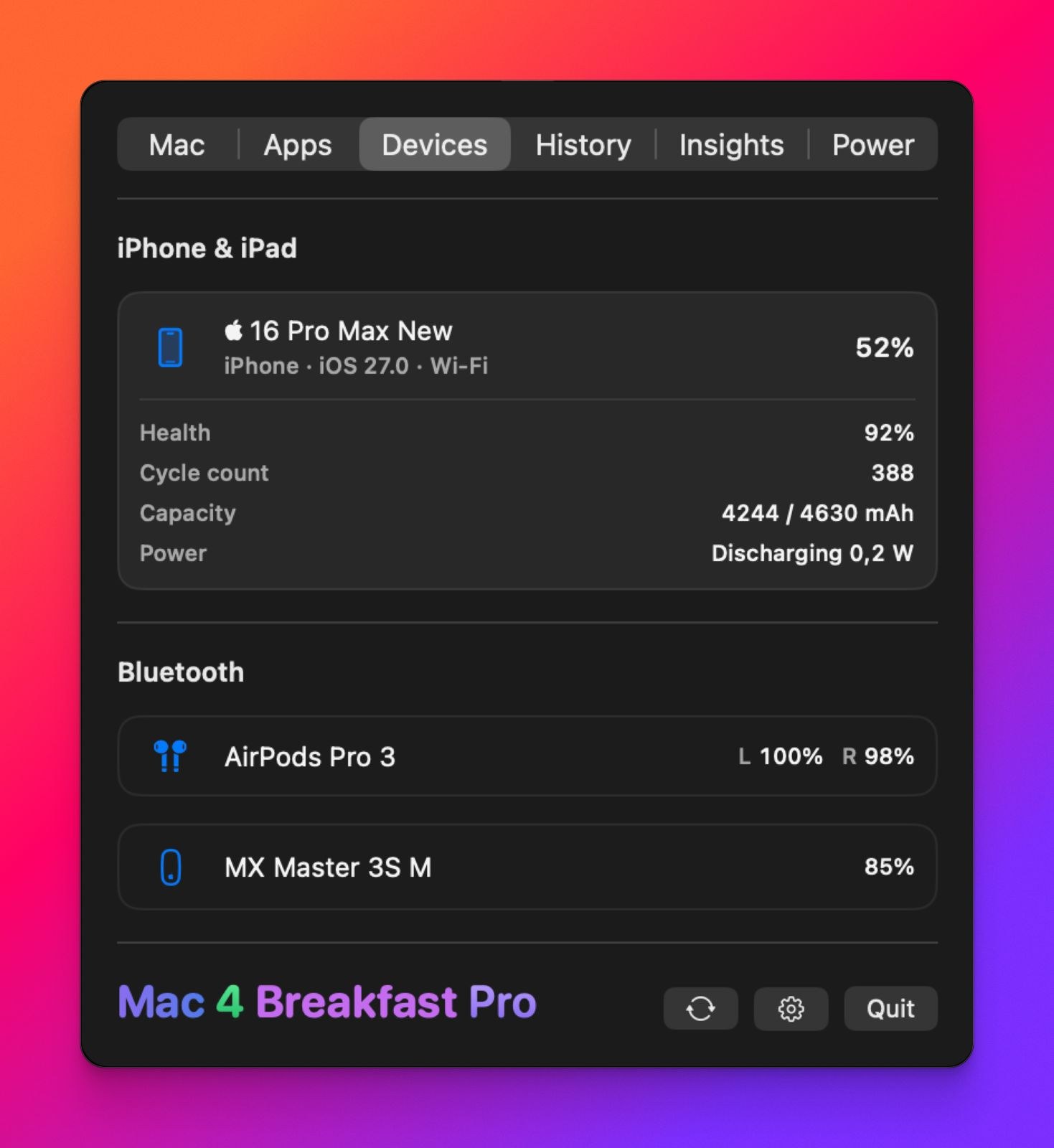The Devices tab: iPhone health and cycle count, AirPods, and a Logitech MX Master with its battery level