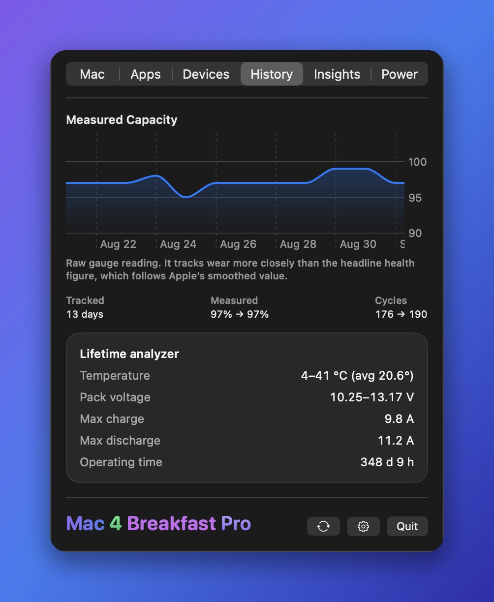 The History tab: measured capacity over time and a lifetime analyzer
