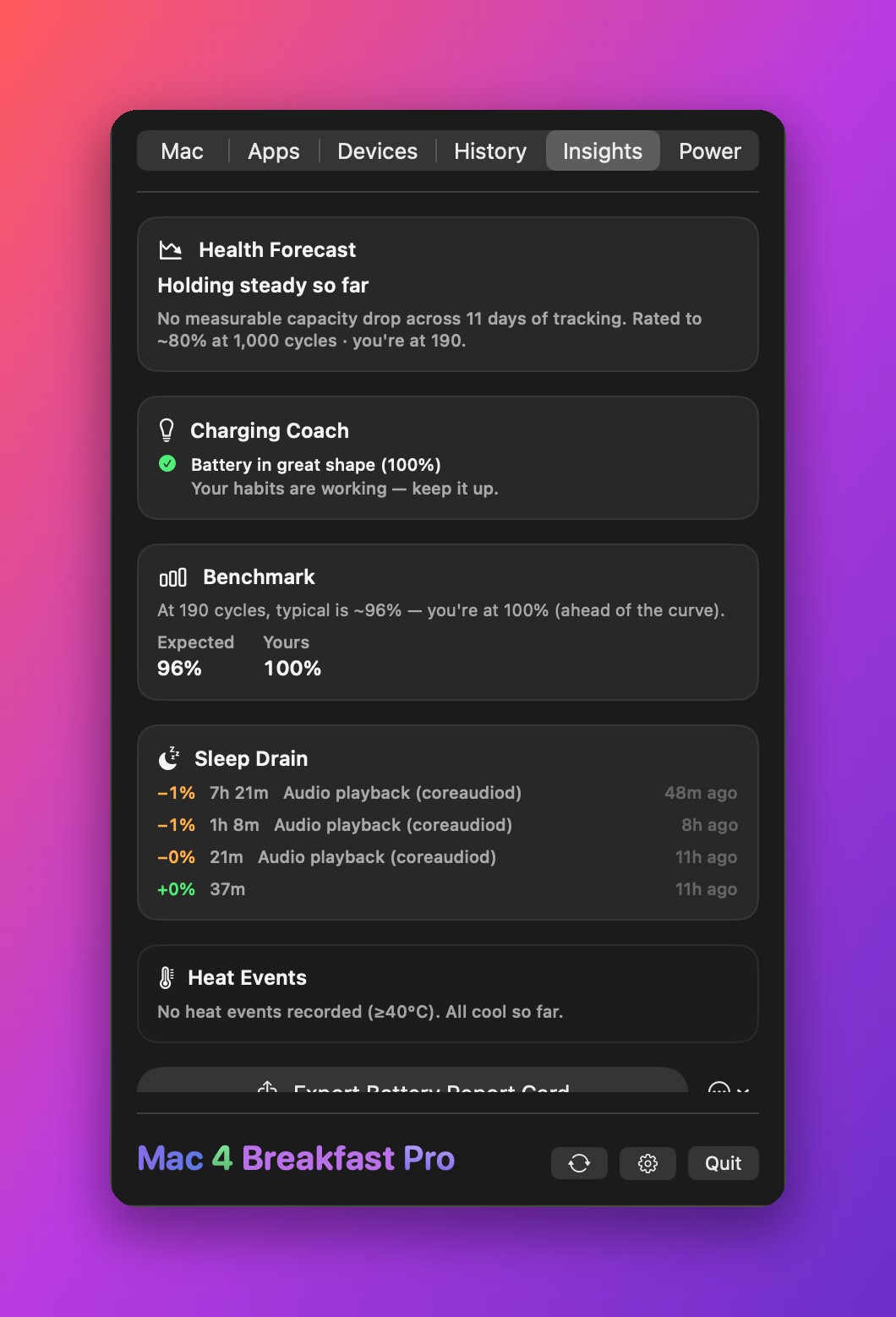 The Insights tab: health forecast, charging coach, benchmark and sleep drain