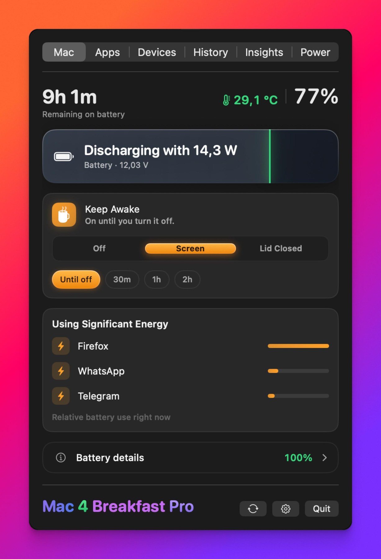 The main panel: time remaining, temperature, charge, Keep Awake set to Screen, and energy hogs