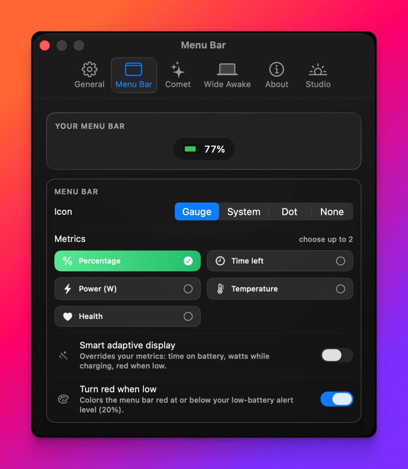 Menu bar settings: choose which two metrics live in your menu bar