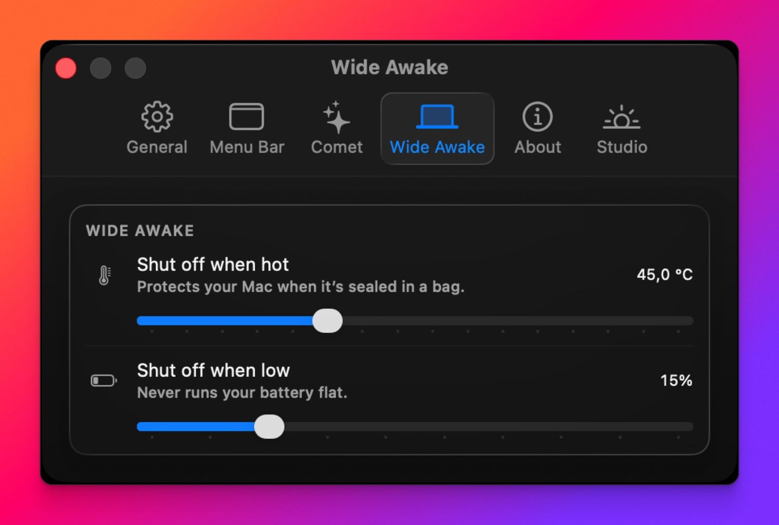 Wide Awake settings: keep the Mac running with the lid shut, with safety shut-offs